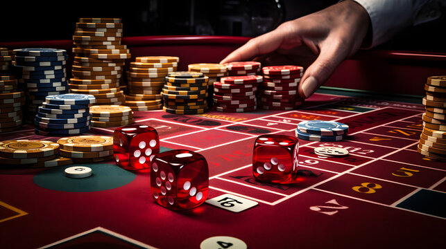 Casino theme. Close-up of casino table with red dice and chips