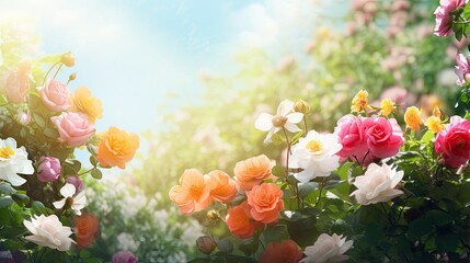 background of a vibrant summer garden, natures beauty unfolds with blooming flowers in various shades, from white roses to colorful floral arrangements, their petals delicately swaying warm breeze