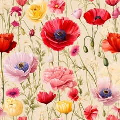 Colorful meadow flowers seamless pattern from a top down view, showcasing stunning blooms