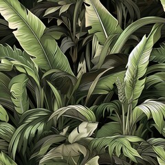 Seamless tropical green leaf pattern with monstera, banana tree, and palm leaves on dark background