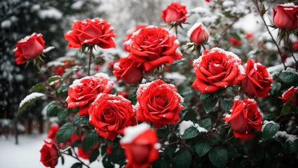 Foto op Plexiglas Beautiful blooming rose bushes in the garden are covered with the first snow © Olena Kuzina
