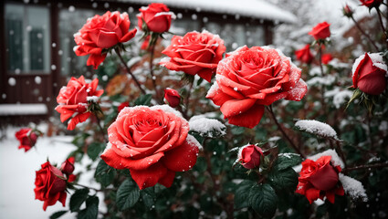 Beautiful blooming rose bushes in the garden are covered with the first snow - Powered by Adobe