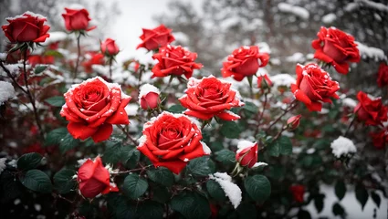 Ingelijste posters Beautiful blooming rose bushes in the garden are covered with the first snow © Olena Kuzina