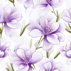 Fototapeta premium Elegant crocus flower blooms seamless pattern in top view for beautiful floral designs