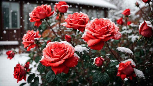 Beautiful blooming rose bushes in the garden are covered with the first snow