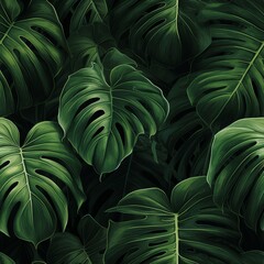 Lush and vibrant seamless pattern with dark green tropical monstera leaves in a botanical theme