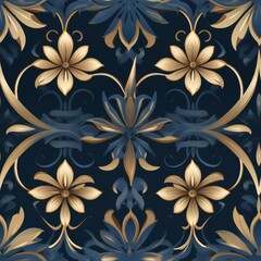 Luxurious damask seamless pattern with a stunning combination of deep blue and radiant gold colors