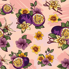 passion fruit with flowers and vanilla with pods and flowers seamless pattern, design for packaging, wrapping, textile, background, paper, tableware