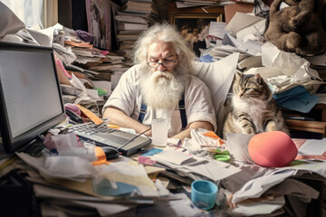 Senior man working using computer in room with a lot of paper and garbage. Cat sitting next to man. - Powered by Adobe