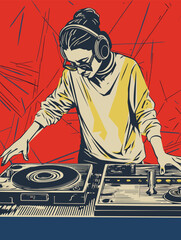 A Woman Wearing Headphones And Playing Music - A woman dj mixing from turntables on a grunge BG
