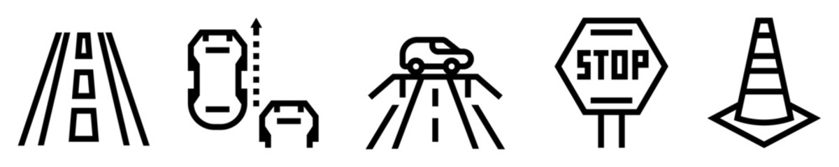 Conjunto de iconos de autopista. Conducción vial. Carretera, coches en movimiento, paso elevado, stop, cono de tráfico. Ilustración vectorial - obrazy, fototapety, plakaty