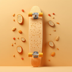 An orange skateboard surrounded by nuts and bread
