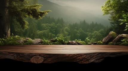 Empty wooden table against the background of a forest landscape, mockup for presenting a natural product