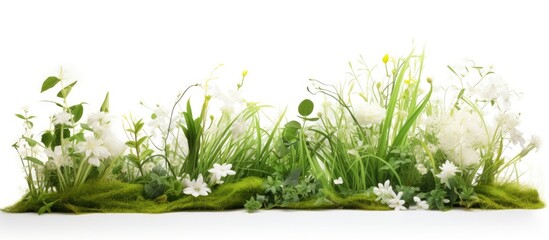 In an isolated white background, an abstract image of summer is portrayed through vibrant nature- spring grass, leaf, and white floral garden, all in the magnificent shades of green. The colors depict