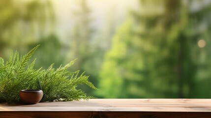 Wooden table on the background of trees, mockup for product presentation, natural environment