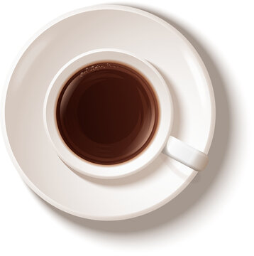 Top view on realistic white cup filled with black classic espresso. on transparent, png. A Cup of Coffee and saucer. with shadow