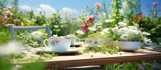 Fototapeta na wymiar breathtaking garden, amidst the vibrant green plants, a white floral table stood gracefully, adorned with a beautiful bouquet of summer flowers, exuding an aura of natural beauty. Nearby, a cup of