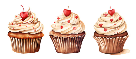 Cupcakes, valentine's day, watercolor clipart illustration with isolated background.