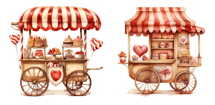 Sweets cart, valentine's day, watercolor clipart illustration with isolated background.