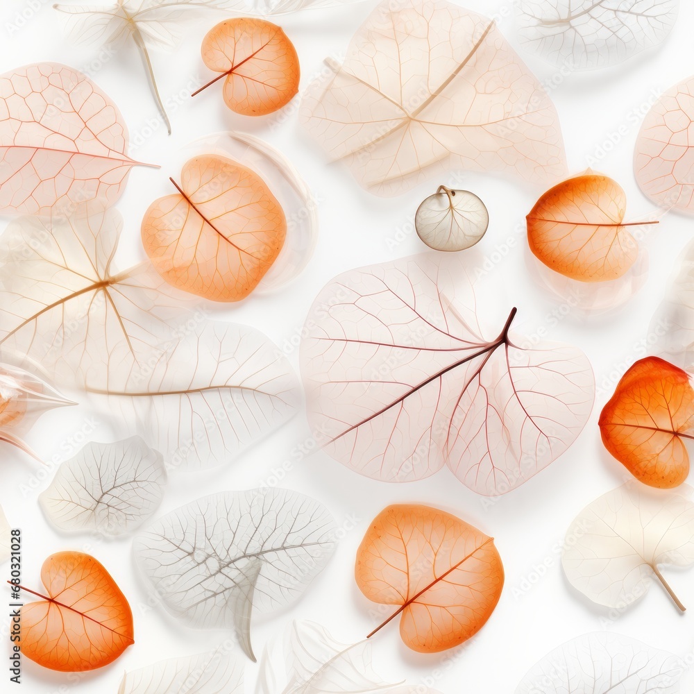 Poster seamless translucent orange foliage skeleton texture pattern on white background for creative design