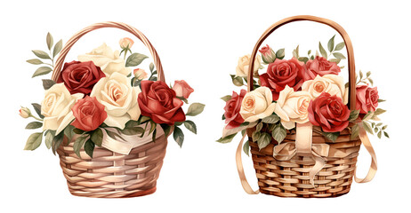 Fototapeta na wymiar Basket with roses, valentine's day, watercolor clipart illustration with isolated background.