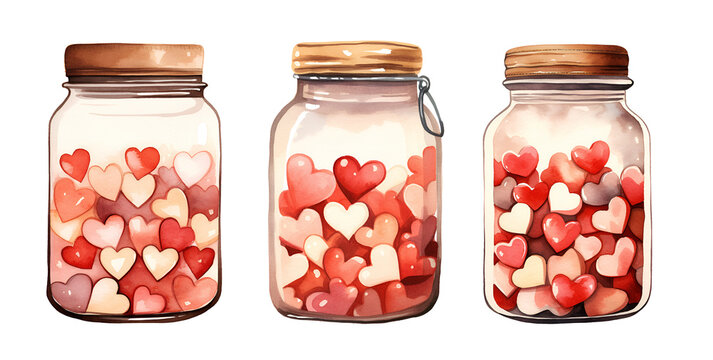 Jar with hearts, valentine's day, watercolor clipart illustration with isolated background.