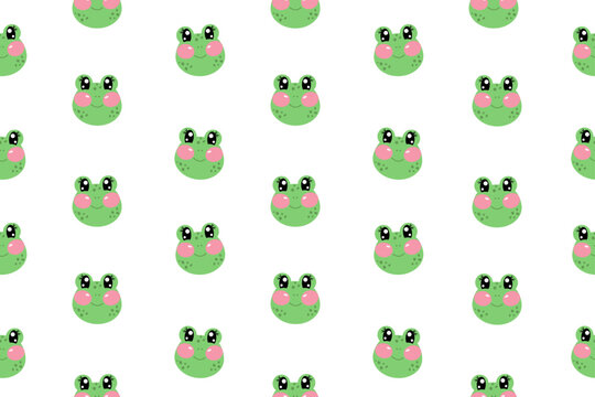 Seamless pattern with cute kawaii green face of frogs for nursery, print or textile for kids. Vector cartoon illustration for baby, children