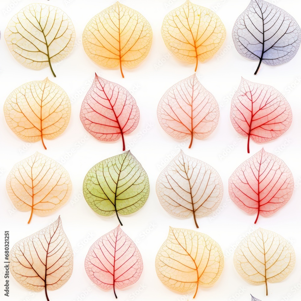Poster seamless pattern of translucent foliage skeleton with autumn colors on a white background