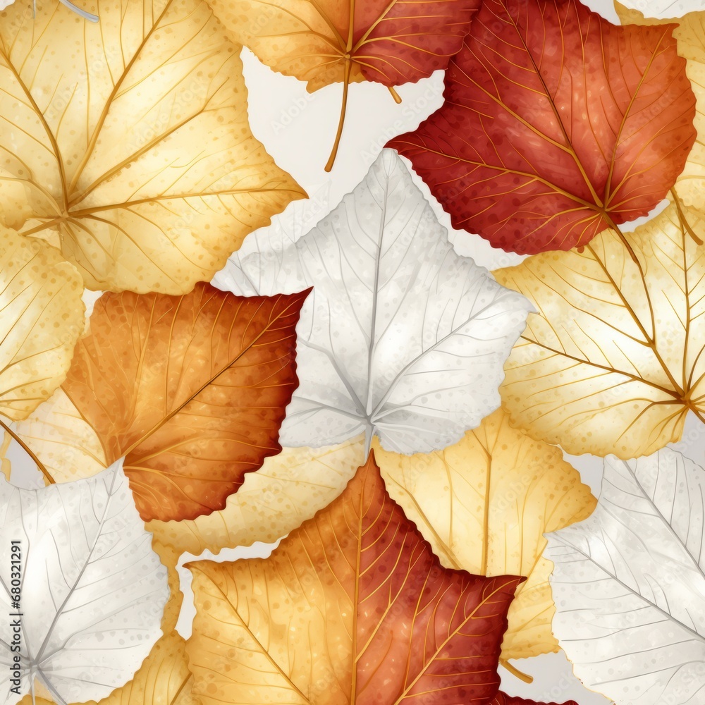 Poster seamless pattern with autumn colors foliage skeleton translucent texture on white background