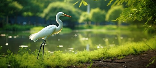 background of the scenic summer park, the beautiful white bird gracefully dances on the green grass, its feathers shining with natural beauty amid the tranquil water, showcasing the mesmerizing
