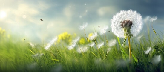 In the lush green field, amidst the vibrant blooms of spring and summer, a dandelion stands tall, its white petals radiating beauty and life against the backdrop of natures breathtaking textures and
