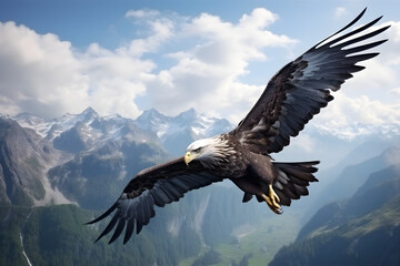 Fototapeta premium Weißkopfseeadler im Flug über den Bergen, erstellt mit generativer KI