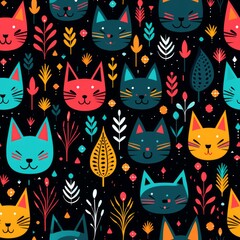 Seamless pattern background with adorable and joyful cats in a variety of poses and expressions