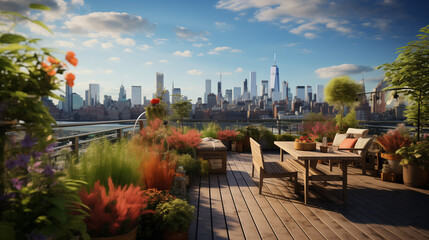 A rooftop terrace boasting a lush garden and stunning skyline views of the city