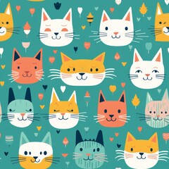 Whimsical and lively seamless pattern showcasing a delightful collection of happy and contented cats