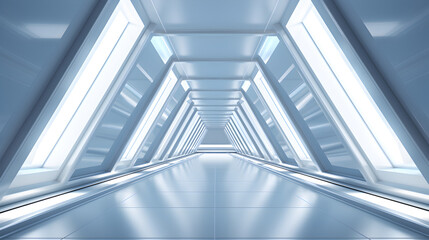 Futuristic Sci Fi Triangle Tunnel, Empty Long Light Corridor. Modern white background