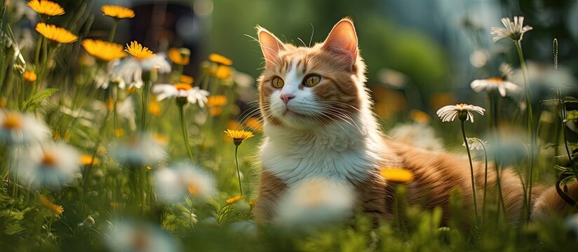 In the background of a sunny summer day, amidst the vibrant nature of spring, a cat with white fur gracefully rests on the green grass of the garden, its orange eyes matching the color of the blooming