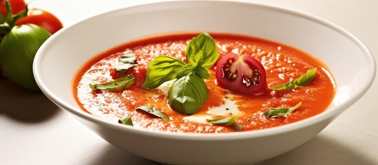 In the warm embrace of summer, a delectable Mediterranean cuisine dish emerges a healthy tomato soup abundant with vegetables, garlic, and herbs, served for dinner, a nourishing meal for those seeking