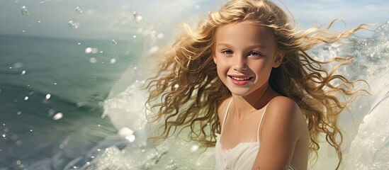 The beautiful young girl with flowing summer hair, wearing a white wedding dress, embraced the concept of a water-themed ceremony, with the childlike excitement of a cute kid, as she radiated a green