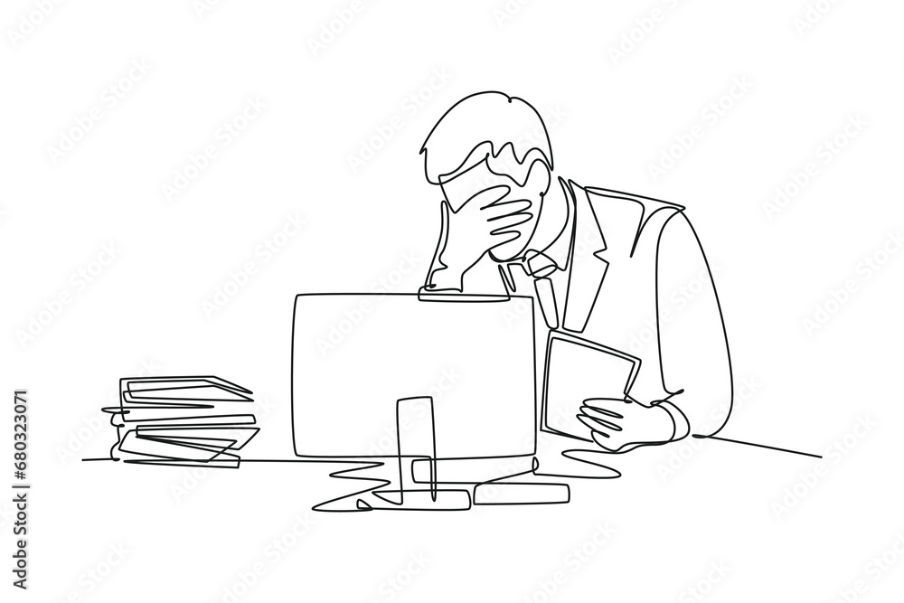Aufkleber continuous one line drawing of stressful finance manager facing pile of document papers on desk offi