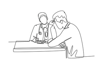 Continuous one line drawing young doctor talking with frustrated man patient in hospital. Depressed worker check up his condition with psychiatrist. Single line draw design vector graphic illustration