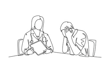 Single continuous line drawing of young female doctor talking with stressed patient condition at hospital. Medical check up healthcare concept. Dynamic one line draw graphic design vector illustration