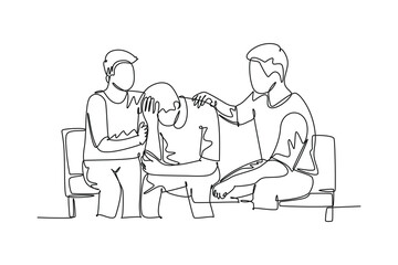 Single continuous line drawing two young male workers cheering his sad and despair office friend while sitting on bench. Work partner business support. One line draw graphic design vector illustration