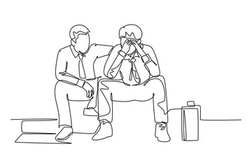 Single continuous line drawing young male worker hugging and cheering his sad and despair office friend. Work partner business support concept. Dynamic one line draw graphic design vector illustration