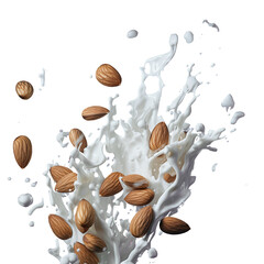 Almond nuts falling into milk splash isolated on transparent background. Clipping path. Generative AI