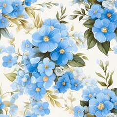 Fototapeta na wymiar Delicate forget me not flower blooms seamless pattern, ideal for design projects and textiles