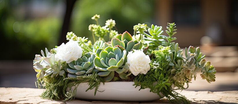 In the midst of a lush green garden, a white floral arrangement catches the eye, showcasing the beauty of nature's botanical wonders. Amongst the cacti and succulent plants, the blossoming flowers of