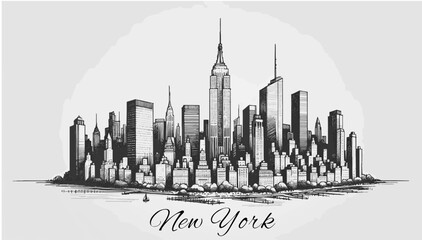 Diese atemberaubende Vektor-Illustration zeigt die  Skyline von New York City in einem detailreichen Panoramastil. dieses Kunstwerk erfasst die ikonischen Wolkenkratzer der Stadt die niemals schläft. - obrazy, fototapety, plakaty