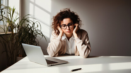 mujer cansada y estresada en una laptop  - obrazy, fototapety, plakaty