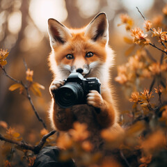 red fox holding a camera.